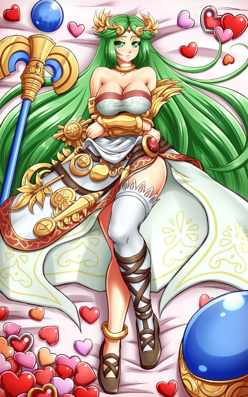 1girl absurdres anklet armband armlet asymmetrical_footwear bare_shoulders blush breast_hold breasts choker cleavage collarbone colored_pencil_(medium) cross-laced_footwear crossed_arms dakimakura_(medium) dress eyebrows female full_body gold green_eyes green_hair heart heart_print highres hip_focus jewelry kid_icarus kid_icarus_uprising knee_up large_breasts legs long_hair long_legs looking_at_viewer lying matching_hair/eyes mazume mismatched_footwear neck_ring nintendo on_back on_bed palutena shield shiny_skin shirt single_thighhigh skirt solo staff strapless strapless_dress thighhighs thighs traditional_media uneven_footwear valentine very_long_hair wand white_dress white_skin white_thighhighs