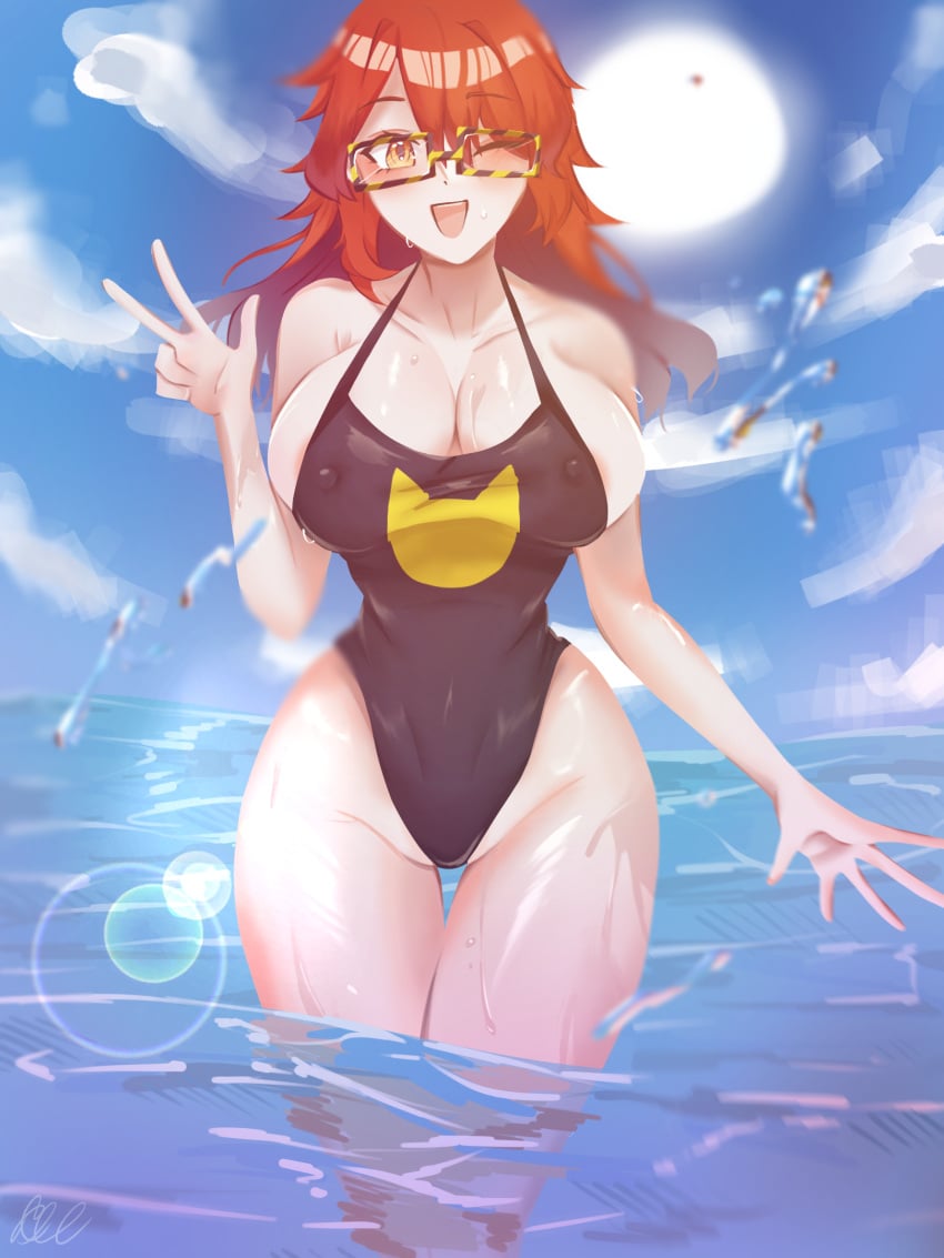 707_(mystic_messenger) beach breasts curvy dating_sim glasses hourglass_figure mystic_messenger nipples red_hair rule_63 swimsuit thighs