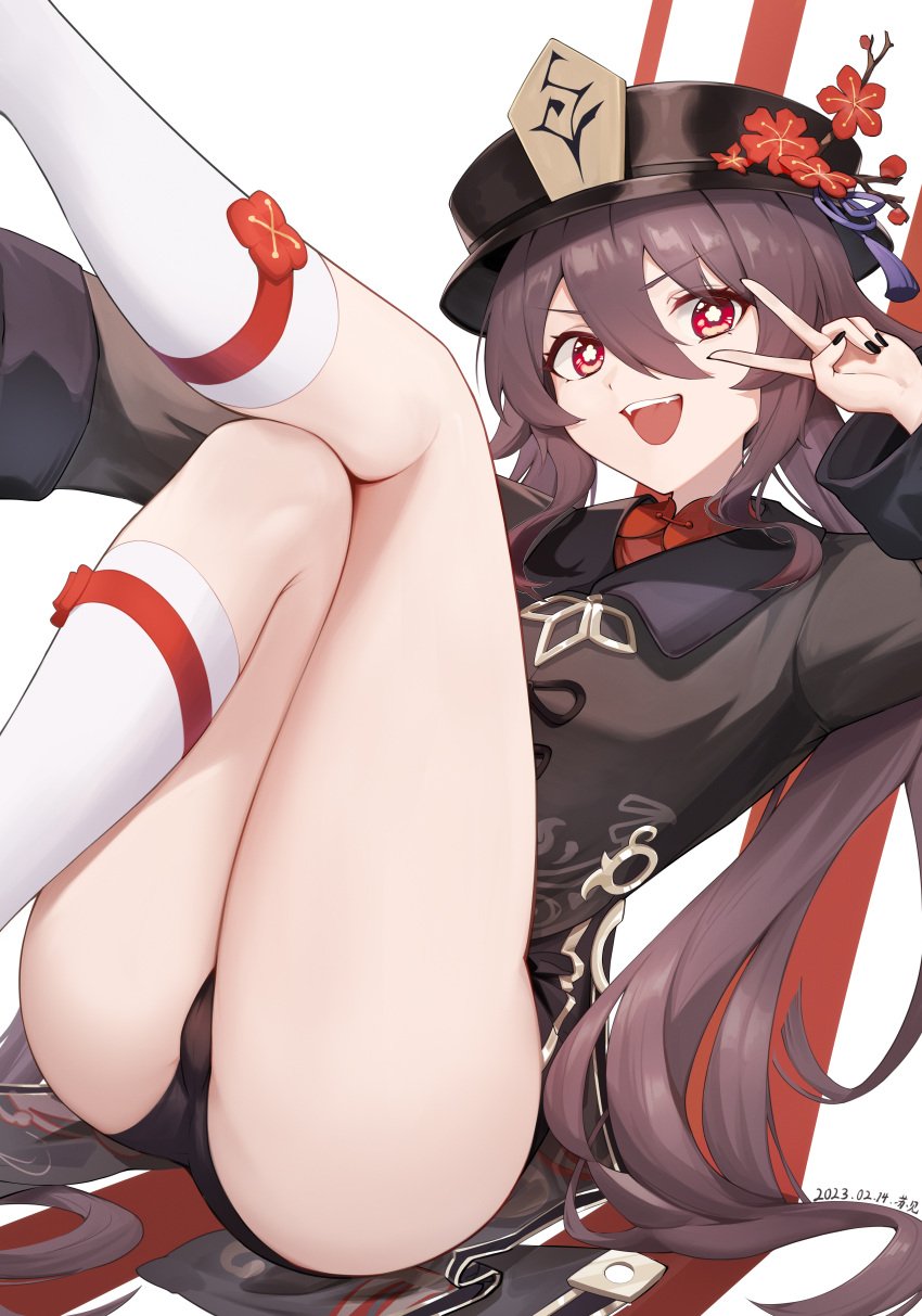 :d absurdres ass black_nails brown_hair dated female flower flower-shaped_pupils genshin_impact hair_between_eyes hat hat_flower highres hu_tao_(genshin_impact) leaning_back legs legs_up long_hair open_mouth plum_blossoms porkpie_hat red_eyes red_flower sitting smile socks solo sukaliya symbol-shaped_pupils teeth thighs twintails upper_teeth_only v v-shaped_eyebrows white_socks