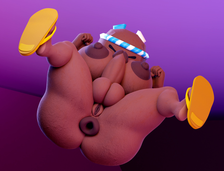 3d 3d_(artwork) adynamical airborne anus balls blender blender_cycles breasts clenched_hands closed_eyes dark_areola elemental_creature futanari genitals headband kirby_(series) large_areolae large_breasts nintendo nude nude_futanari penis rocky_(kirby) sandals sandals_only solo solo_futa vagina