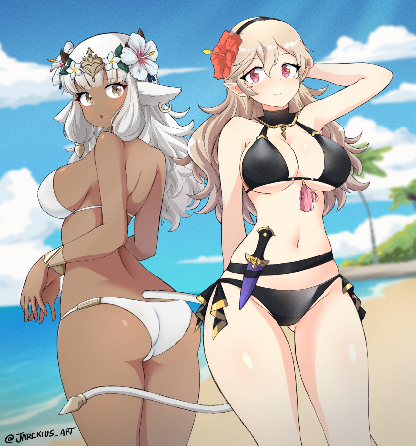 2girls alternate_costume animal_ears ash_(fire_emblem) ass ass_visible_through_thighs bare_arms bare_shoulders beach belt big_ass bikini black_belt black_bikini black_swimsuit blue_sky breasts byleth_(fire_emblem) byleth_(fire_emblem)_(female) byleth_(fire_emblem)_(female)_(cosplay) cloud commentary_request corrin_(female)_(fire_emblem) corrin_(fire_emblem) cosplay cowboy_shot dagger dark-skinned_female dark_skin day elf female female_only fire_emblem fire_emblem:_three_houses fire_emblem_fates fire_emblem_heroes flower grey_eyes grey_hair groin hair_between_eyes hair_flower hair_ornament highres jarckius kemonomimi knife large_breasts long_hair looking_at_viewer multiple_girls navel nintendo pink_eyes png red_flower rhea_(fire_emblem) rhea_(fire_emblem)_(cosplay) sky smile standing stomach swimsuit tail thighs underboob weapon white_bikini white_flower white_hair white_swimsuit