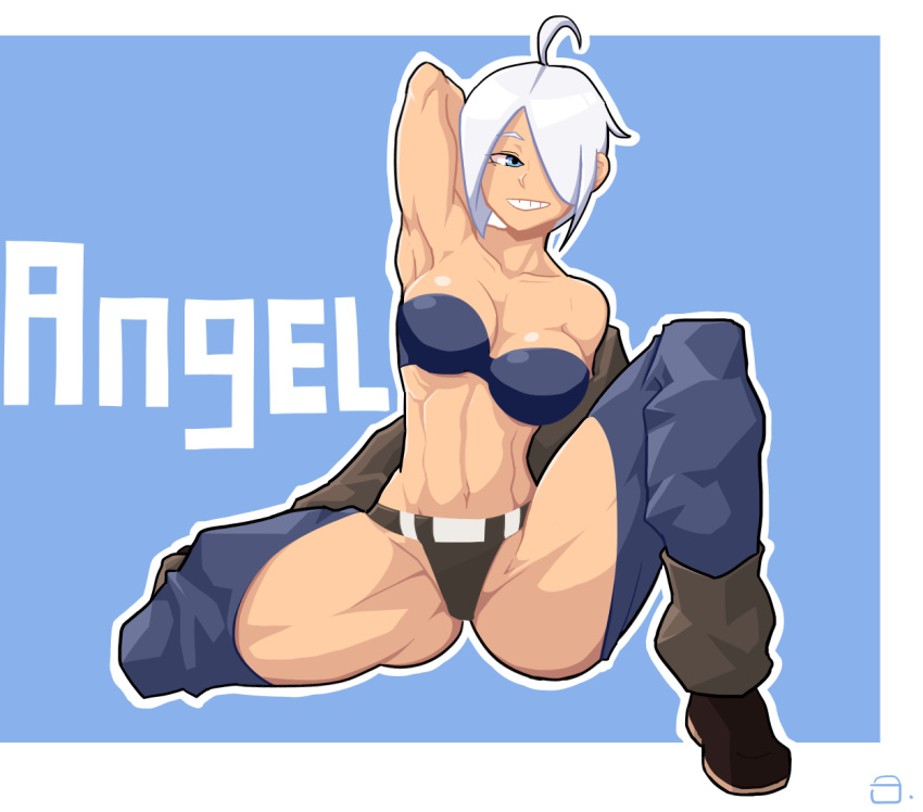 1girls abs ahoge angel_(kof) armpits blue_eyes chaps cleavage female hair_over_one_eye hi_res king_of_fighters muscular muscular_female rice(bob) short_hair simple_background smile solo spread_legs text thick_thighs white_hair