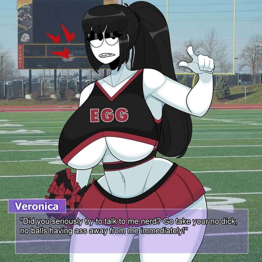 1girls bangs big_breasts black_eyes black_hair braces breasts busty cheerleader cheerleader_uniform clothing colored_skin crop_top english_text female female_only football_field goth half-closed_eyes holding holding_pom_poms huge_breasts large_breasts long_hair looking_at_viewer midriff miniskirt navel outdoors outside pleated_skirt pointing pom_pom_(cheerleading) pom_poms ponytail red_skirt saltynoodles skirt solo teeth text text_box thick_thighs underboob veronica_(saltynoodles) white_skin wide_hips