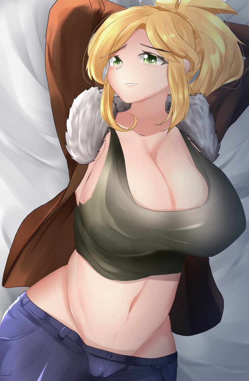 1girls absurd_res alternate_breast_size alternate_version_available amanda_(my_story_animated) arms_behind_head bed_sheet blonde_hair breasts cleavage clothed clothed_female coat female female_focus female_only fur_coat green_eyes huge_breasts jacket jeans koh4ru_(artist) laying_down laying_on_bed my_story_animated navel pants ponytail request solo solo_female solo_focus sweat youtube