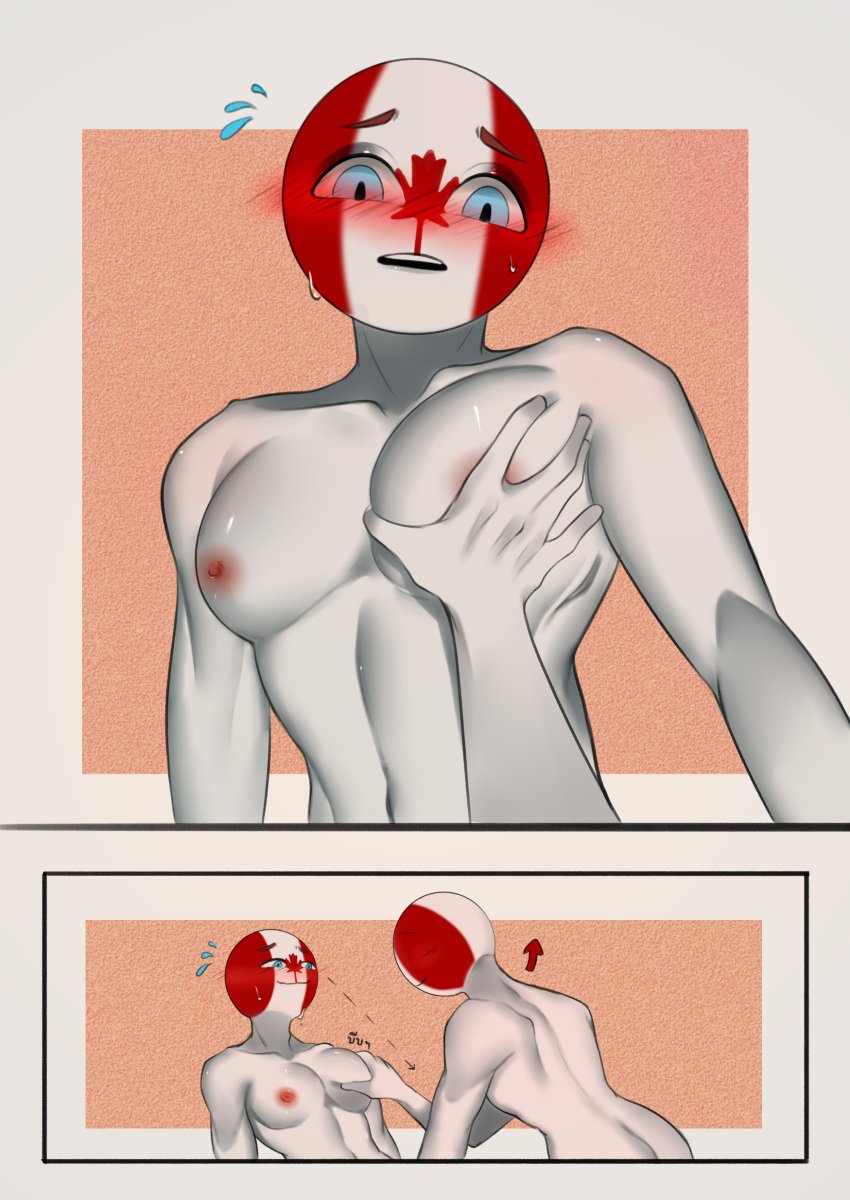 big_breasts blue_eyes blush blushing breasts canada_(countryhumans) countryhumans countryhumans_girl grabbing grabbing_breast male male_breasts male_focus maple_leaf nipples panels pov red_skin selfcest shiny_skin smush sweat sweatdrop sweating white_body white_skin