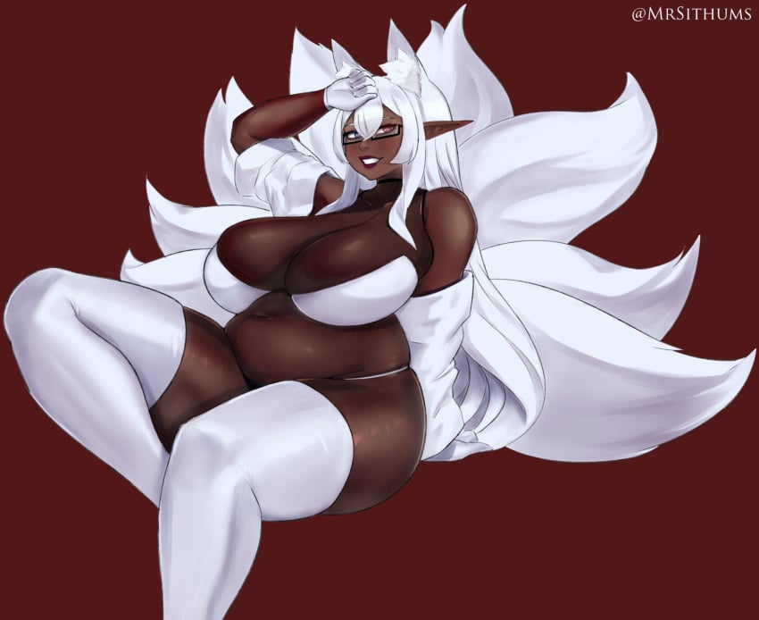 ass big_breasts blue_eyes blush bodystocking breasts chubby_female dark-skinned_female dark_skin fox_ears fox_girl glasses heterochromia hi_res huge_breasts kitsune kneehighs looking_at_viewer mr_sithums multiple_tails original_character pointy_ears red_eyes smile smiling smiling_at_viewer teeth_showing thick_thighs white_hair wide_hips