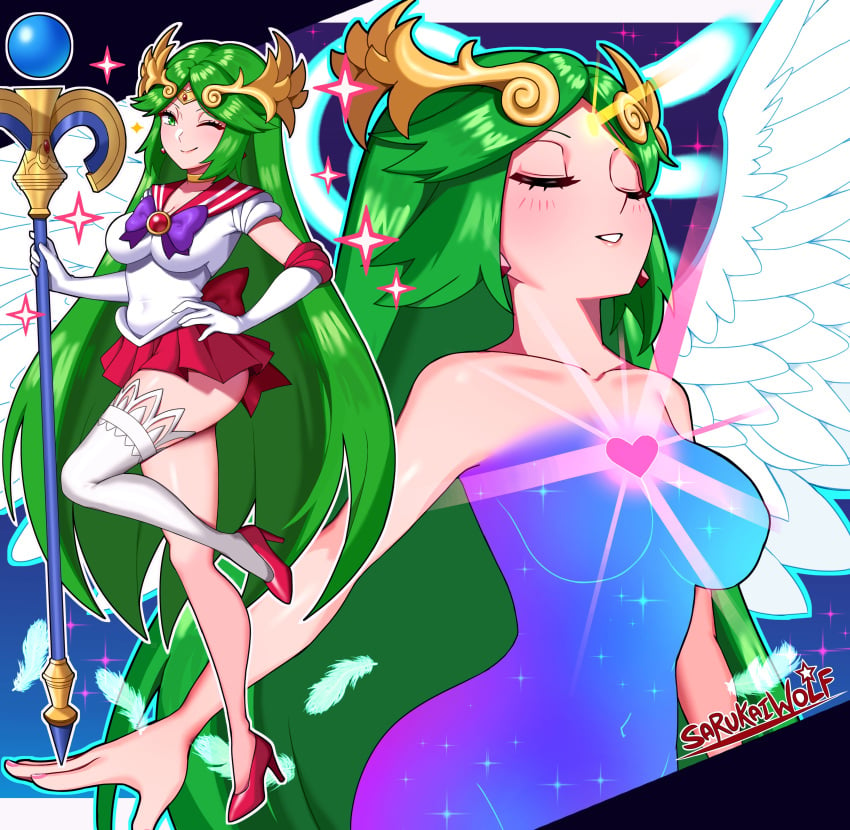 1girls bishoujo_senshi_sailor_moon clothing crossover female green_hair high_heels kid_icarus long_hair nintendo palutena parody sailor_mars_(cosplay) sailor_senshi_uniform sarukaiwolf skirt small_breasts stockings white_skin