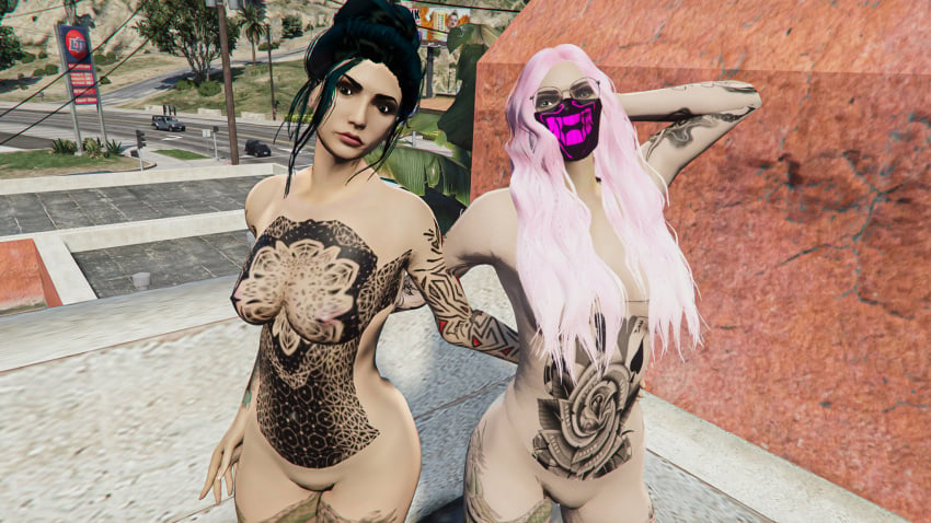 big_ass big_breasts black_hair grand_theft_auto grand_theft_auto_online grand_theft_auto_v green_hair karina_dawn mask mayumi_himura nopixel outside thick_ass xartsavage yuri