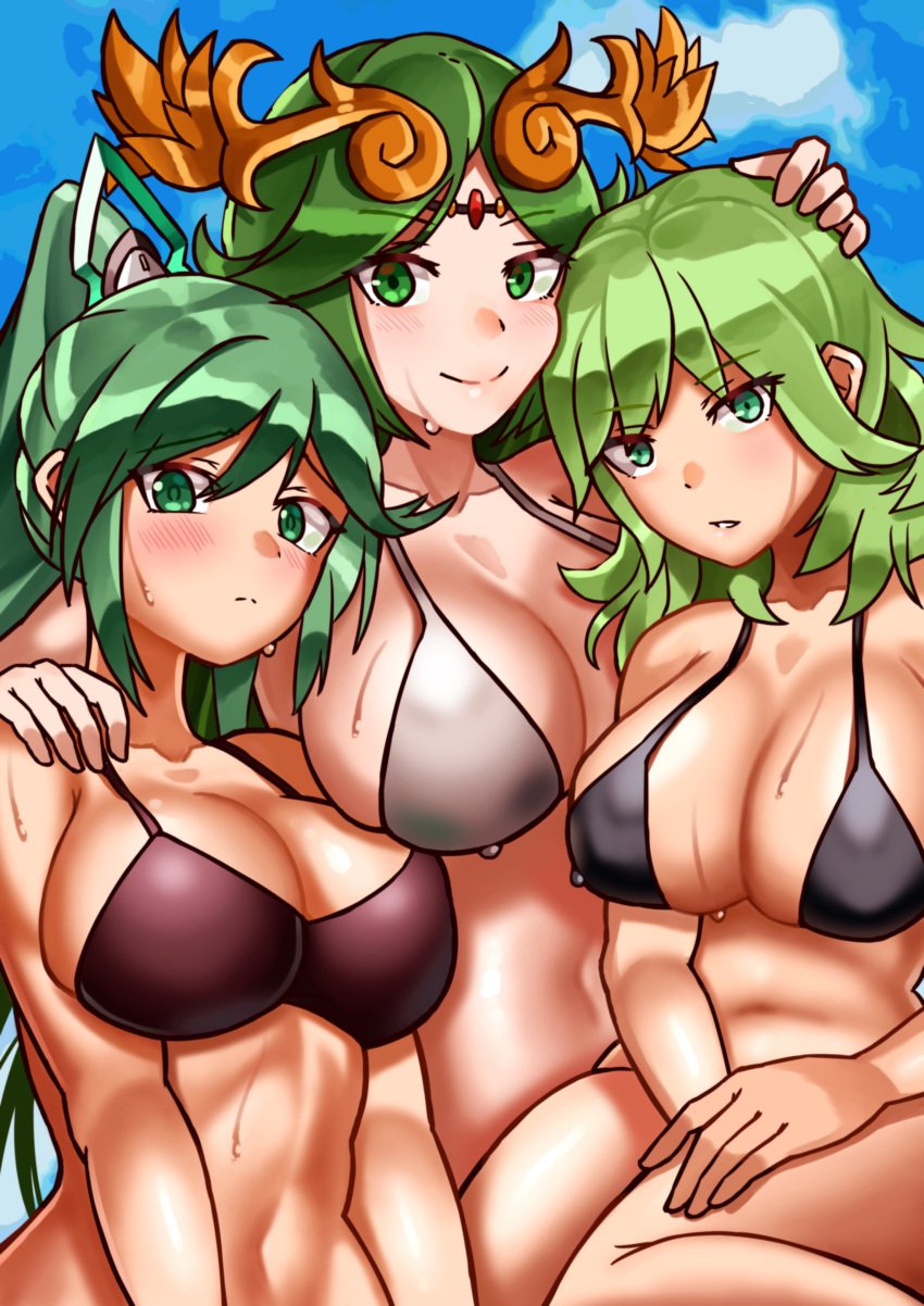 alternate_costume bikini black_bikini black_swimsuit byleth_(fire_emblem) byleth_(fire_emblem)_(female) crossover female female_only fire_emblem fire_emblem:_three_houses green_hair grey_bikini grey_swimsuit kid_icarus light-skinned_female light_skin long_hair nintendo oniisan02b palutena pneuma_(xenoblade) red_bikini red_swimsuit swimsuit xenoblade_(series) xenoblade_chronicles_2 yotsuhauni