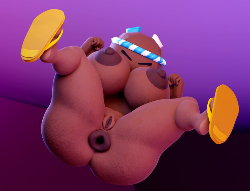 3d 3d_(artwork) adynamical airborne anthro anus blender blender_cycles breasts clenched_hands closed_eyes dark_areola genitals headband kirby_(series) large_areolae large_breasts nintendo nude nude_female rocky_(kirby) sandals sandals_only solo solo_female vagina