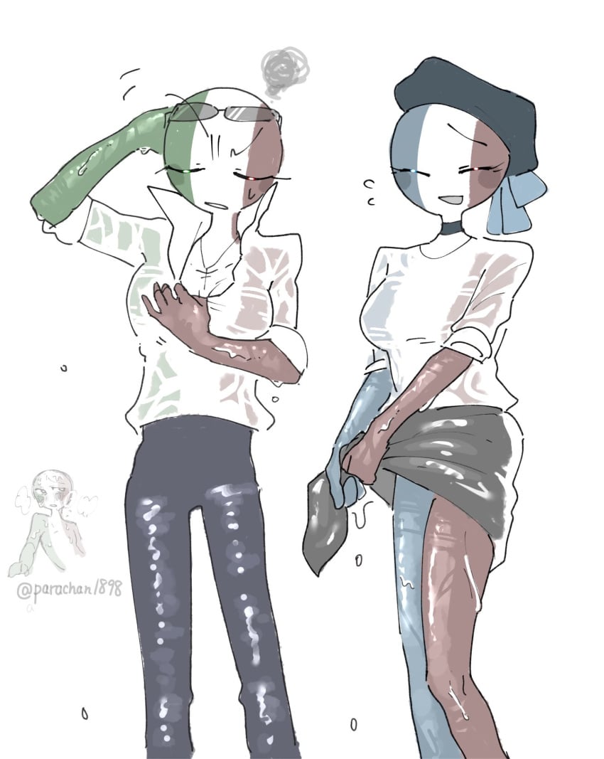 2girls countryhumans countryhumans_girl france_(countryhumans) italy_(countryhumans) parachan1898 skirt wet