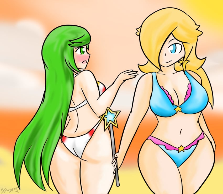 2girls ass company_connection crossover curvy duo earrings female female_only green_hair kid_icarus light-skinned_female light_skin long_hair mario_(series) nintendo palutena princess_rosalina star_earrings tagme xero-j