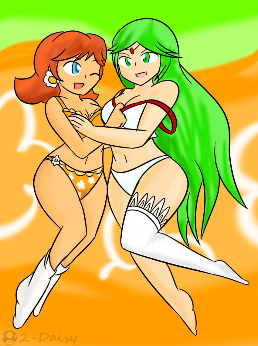 2girls company_connection crossover duo female female_only green_hair kid_icarus light-skinned_female long_hair mario_(series) nintendo palutena princess_daisy simple_shading tagme xero-j yuri