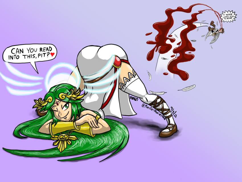 1boy 1girls angel ass_in_air big_ass blood female green_eyes green_hair huge_ass jack-o_pose kid_icarus larger_female long_hair male mastermario90 nintendo nosebleed palutena pit pit_(kid_icarus) presenting_ass presenting_hindquarters smaller_male tease teasing white_skin wings wink