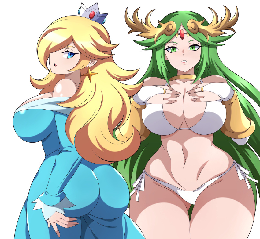 2girls abysswatchers ass backboob bare_shoulders big_ass big_breasts big_butt big_thighs bikini blue_eyes breasts butt cleavage clothing company_connection crossover crown dat_ass dress duo earrings female female_only grabbing_own_ass green_eyes green_hair hair_over_one_eye kid_icarus light-skinned_female light_skin lips long_hair long_sleeves looking_at_viewer looking_back looking_back_at_viewer mario_(series) nintendo pale-skinned_female pale_skin palutena platinum_blonde_hair princess_rosalina rosetta_(super_mario_galaxy) star_earrings thick thick_ass thick_butt thick_hips thick_thighs tight_clothing tight_dress very_long_hair white_background white_bikini