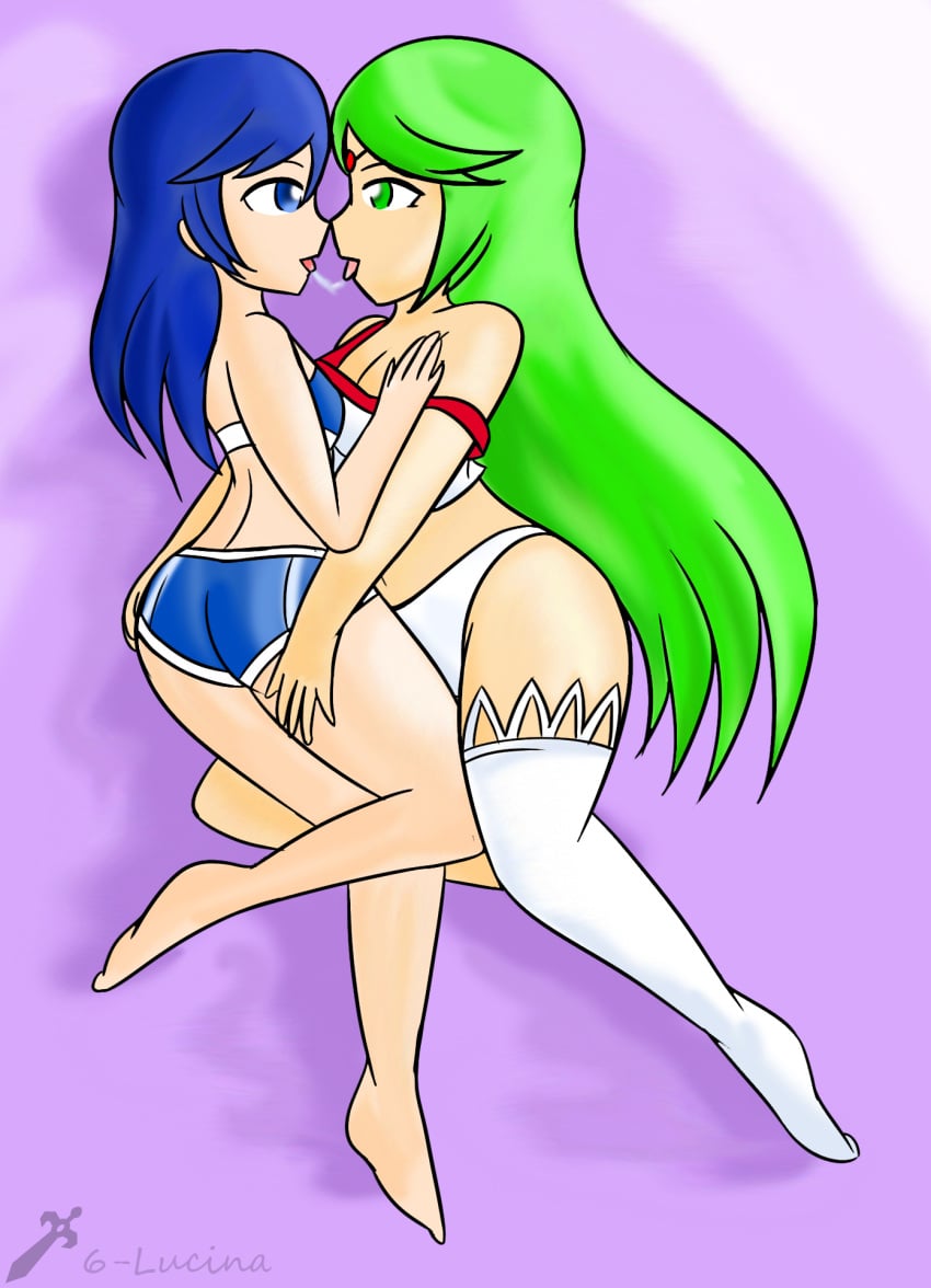 2girls crossover duo female female_only fire_emblem fire_emblem_awakening green_hair kid_icarus light-skinned_female long_hair lucina_(fire_emblem) nintendo palutena simple_shading xero-j yuri