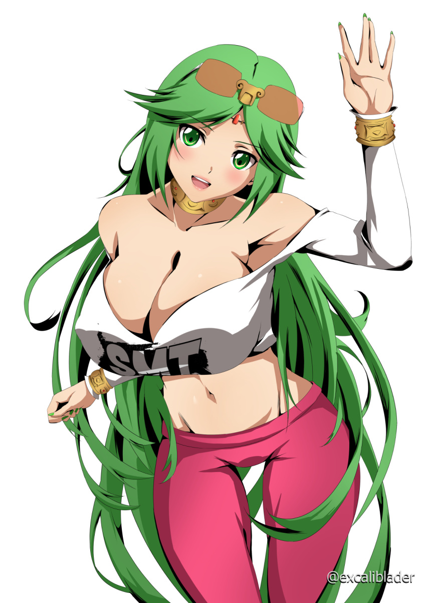 1girls artist_name big_breasts blush breasts busty cleavage excaliblader female female_only goddess green_hair highres kid_icarus large_breasts lipstick long_hair looking_at_viewer makeup midriff navel nintendo open_mouth palutena pants shirt sleeveless sleeveless_shirt smile solo sunglasses_on_head very_long_hair voluptuous