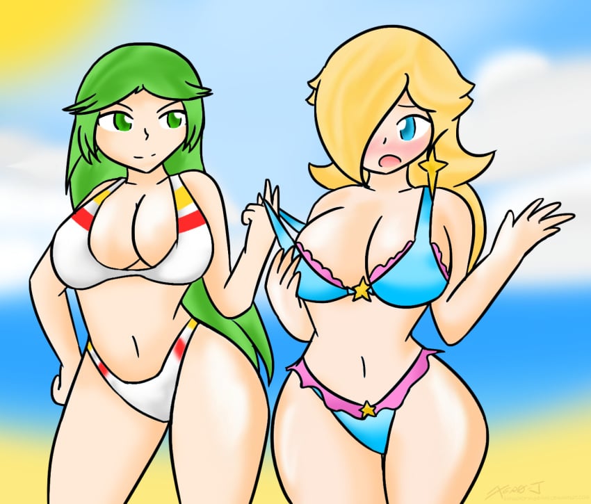 2girls bikini company_connection crossover curvy duo earrings female female_only green_hair kid_icarus light-skinned_female light_skin long_hair mario_(series) nintendo palutena princess_rosalina star_earrings tagme xero-j