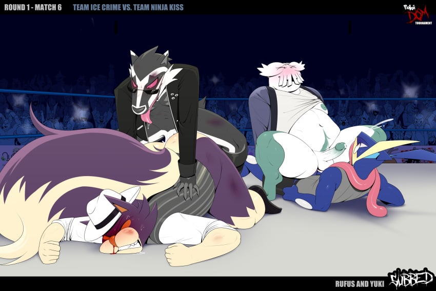 4boys abomasnow anal anal_sex anthro balls blood blush bruise dragonclaw36 gay glasses greninja lifted_shirt male male_only nintendo nipples obstagoon penis pokémon_(species) pokemon pokemon_(species) precum sex skuntank tongue tongue_out wrestling wrestling_ring