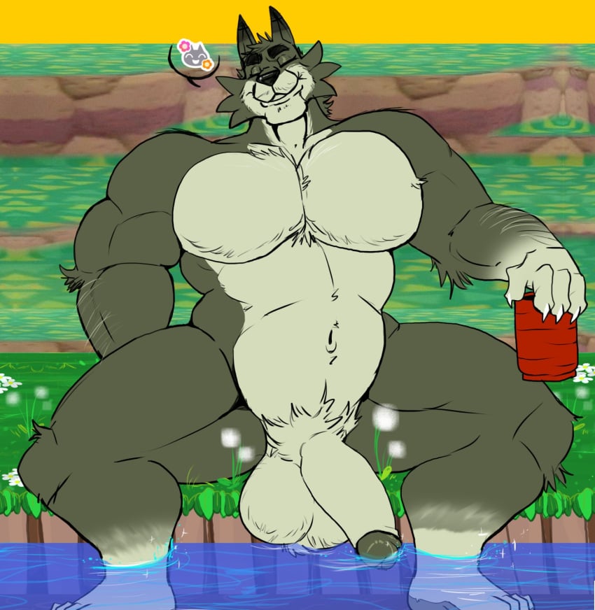 animal_crossing anthro balls bara barazoku big_balls big_penis closed_eyes dobie_(animal_crossing) furry lycandeep male male_only muscles muscular nintendo nude older_male partially_submerged penis solo solo_male spread_legs wolf