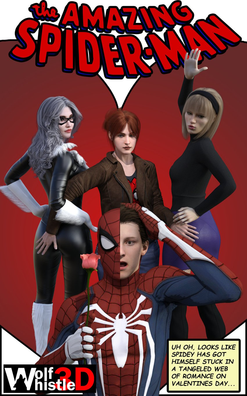 1boy 3d 3d_(artwork) 3girls anti-heroine antiheroine athletic athletic_female big_breasts black_cat black_cat_(marvel) blonde_hair bodysuit breasts brown_hair busty catsuit comic_book_cover digital_media_(artwork) eyebrows eyelashes eyes felicia_hardy female fishnets fit fit_female fully_clothed gwen_stacy gwen_stacy_(classic) hair hero heroine hips hourglass_figure huge_ass human large_ass large_breasts leather_jacket legs light-skinned_female light-skinned_male light_skin lips long_hair male male/female marvel marvel_comics mary_jane_watson mask peter_parker red_hair rose skirt spider-man spider-man_(series) straight superhero superheroine thick thick_hips thick_legs thick_thighs thief thighs top_heavy turtleneck turtleneck_sweater upper_body valentine's_day villain villainess voluptuous waist white_hair wide_hips wolfwhistle3d