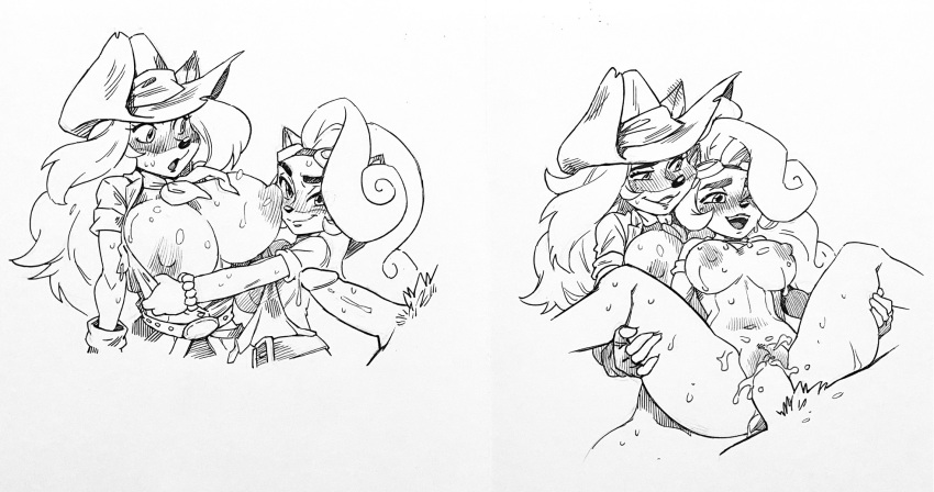 2girls anthro assisted_exposure big_areola big_nipples bottomless breasts breasts_out coco_bandicoot cowgirl crash_(series) dark_nipples erect_nipples eyelashes furry hat huge_breasts long_hair looking_at_viewer mischievous_smile monochrome naughty_face open_clothes open_shirt overalls shirt_lift sketch sweat tawna_bandicoot threesome twistedterra uncensored uncolored vaginal_penetration zenox