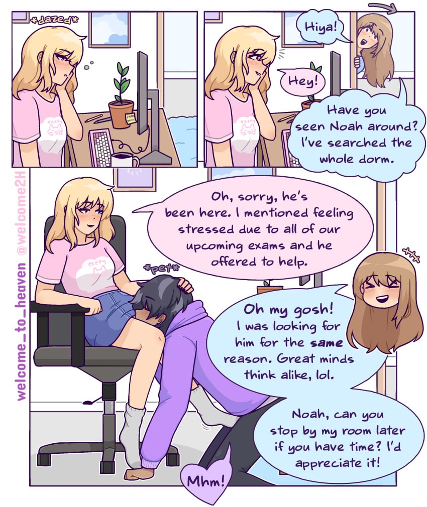 1boy 2girls black_hair blonde_hair brown_hair clothed_sex college comic comic_page cunnilingus dark-skinned_male dialogue english_text femdom free_use gentle_femdom malesub medium_hair petting short_hair speech_bubble straight stress_relief text welcome_to_heaven