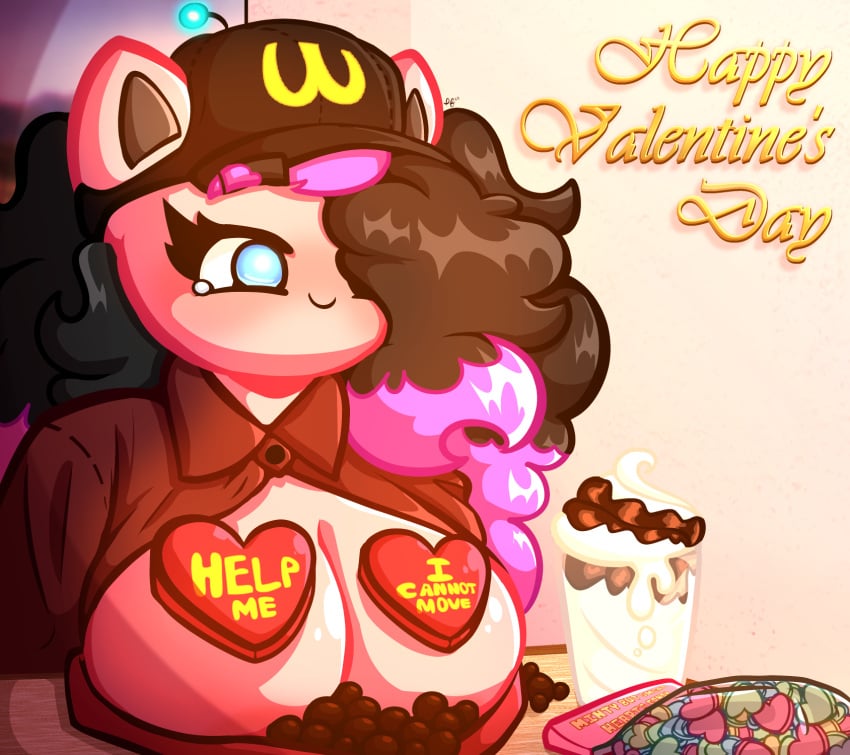 antenna black_hair blue_eyes body_control boob_burger cap chocolate controlled fast_food_uniform food_on_breasts hat katie_(puffylover69) mcdonald's puffylover69 purple_hair sundae tech_control uniform valentine valentine's_day your_order_is_ready_(meme)