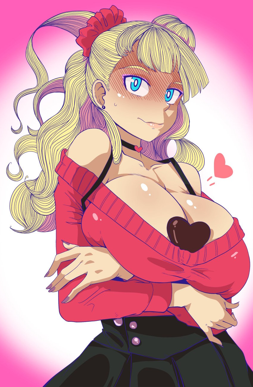 1girls 2023 absurdres asymmetrical_hair bangs bare_shoulders between_breasts big_breasts black_skirt blonde_hair blue_eyes breasts candy chocolate chocolate_heart choker cleavage closed_mouth collarbone cowboy_shot crossed_arms ecchipoo female female_only food galko gradient_background gyaru hair_bun hair_ornament hair_scrunchie heart highres huge_breasts light-skinned_female light_skin lips long_sleeves looking_at_viewer nail_polish oshiete!_galko-chan pink_background purple_nails red_sweater scrunchie shiny_skin side_ponytail skirt solo standing sweat sweater valentine's_day voluptuous white_background