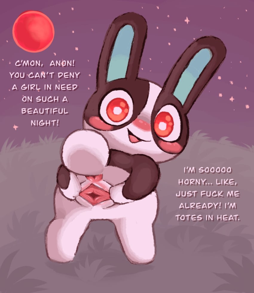 animal_crossing anthro anus black_body black_fur bloodmoon blush detailed_background dialogue dotty_(animal_crossing) english_text female fur furry furry_only genitals grass hi_res inviting labbit1337 lagomorph leporid looking_at_viewer looking_back looking_back_at_viewer mammal night nintendo nude peppy_villager plant profanity pussy rabbit solo spread_pussy spreading tail text white_body white_fur