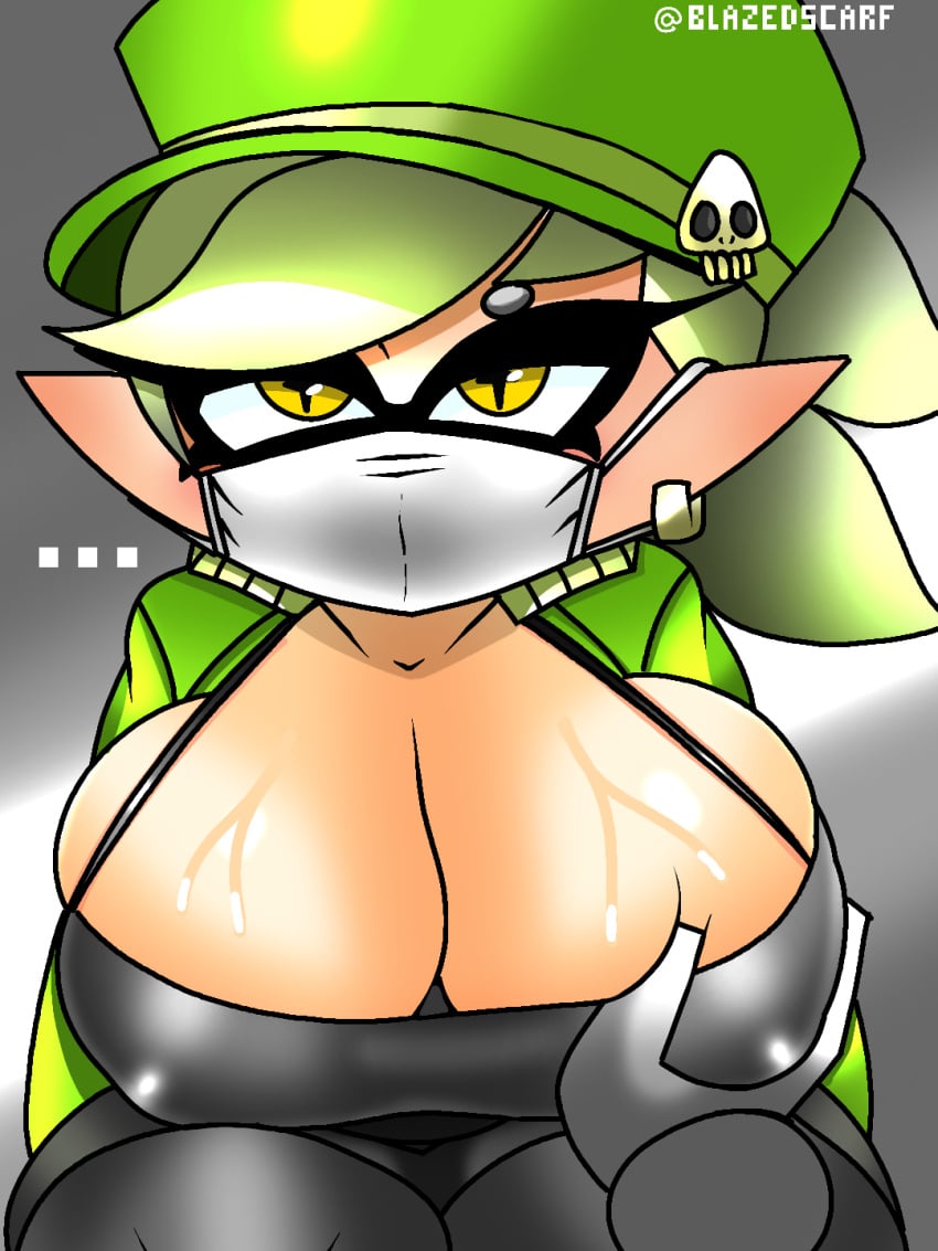 big_ass big_breasts big_butt blazedscarf breasts grabbing grabbing_breasts inkling inkling_girl marie_(splatoon) masked masked_female nintendo splatoon splatoon_(series) sweat thick_legs thick_thighs unamused wide_hips wide_thighs