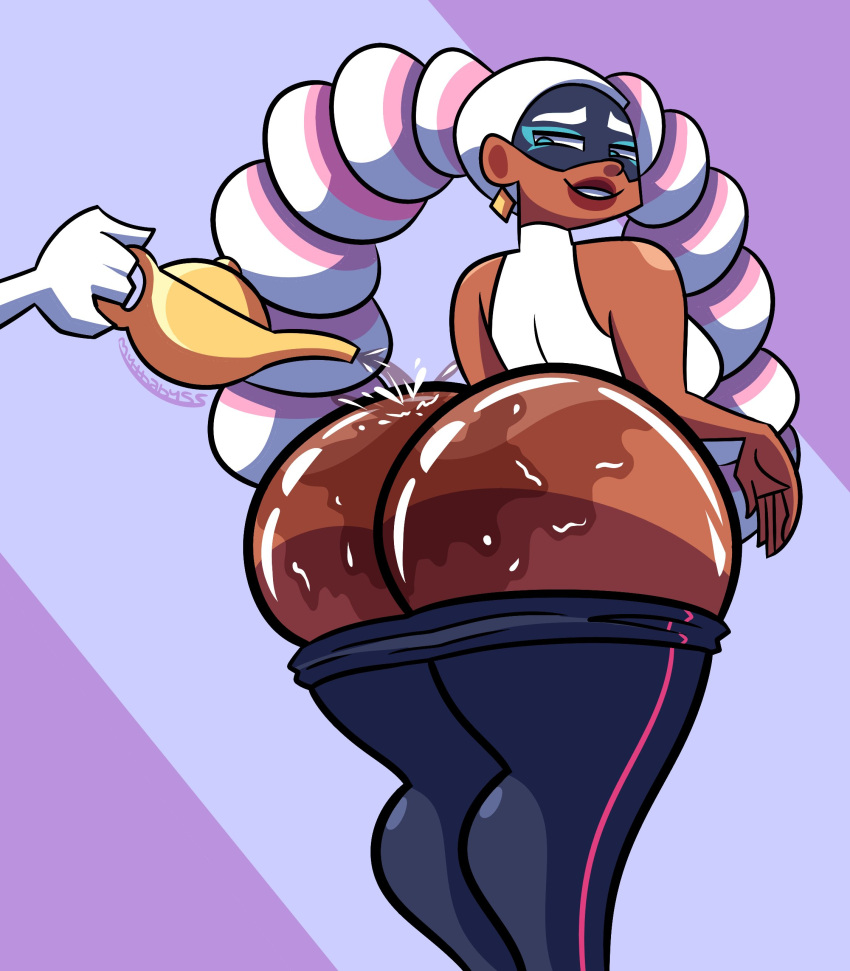 1girls arms_(game) ass big_ass bottom_heavy breasts bubble_butt clothing dark-skinned_female dark_skin disembodied_hand fat_ass female female_focus female_only huge_ass large_ass looking_back mythabyss nintendo pants pants_down shirt sleveeless_shirt solo tea thick_ass thick_thighs thighs twintelle two_tone_hair wet wet_ass wet_skin yoga_pants