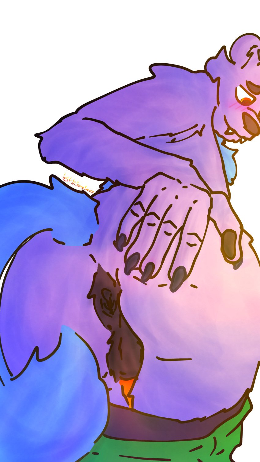 5_fingers absurd_res alpha_channel anthro anus ass balls bear big_tail blue_body blue_fur blush blush_lines canid canine canis chest_tuft claws clothed clothing embarrassed fangs fingers flustered fur genitals glowing glowing_eyes glowing_genitalia hi_res humanoid_hands hybrid lostinsomesauce male mammal partially_clothed pawpads presenting presenting_hindquarters pubes purple_body purple_fur rear_view red_glow rex_(lostinsomesauce) simple_background solo solo_focus spread_butt spreading tail teeth transparent_background tuft underwear underwear_down wolf yellow_glow