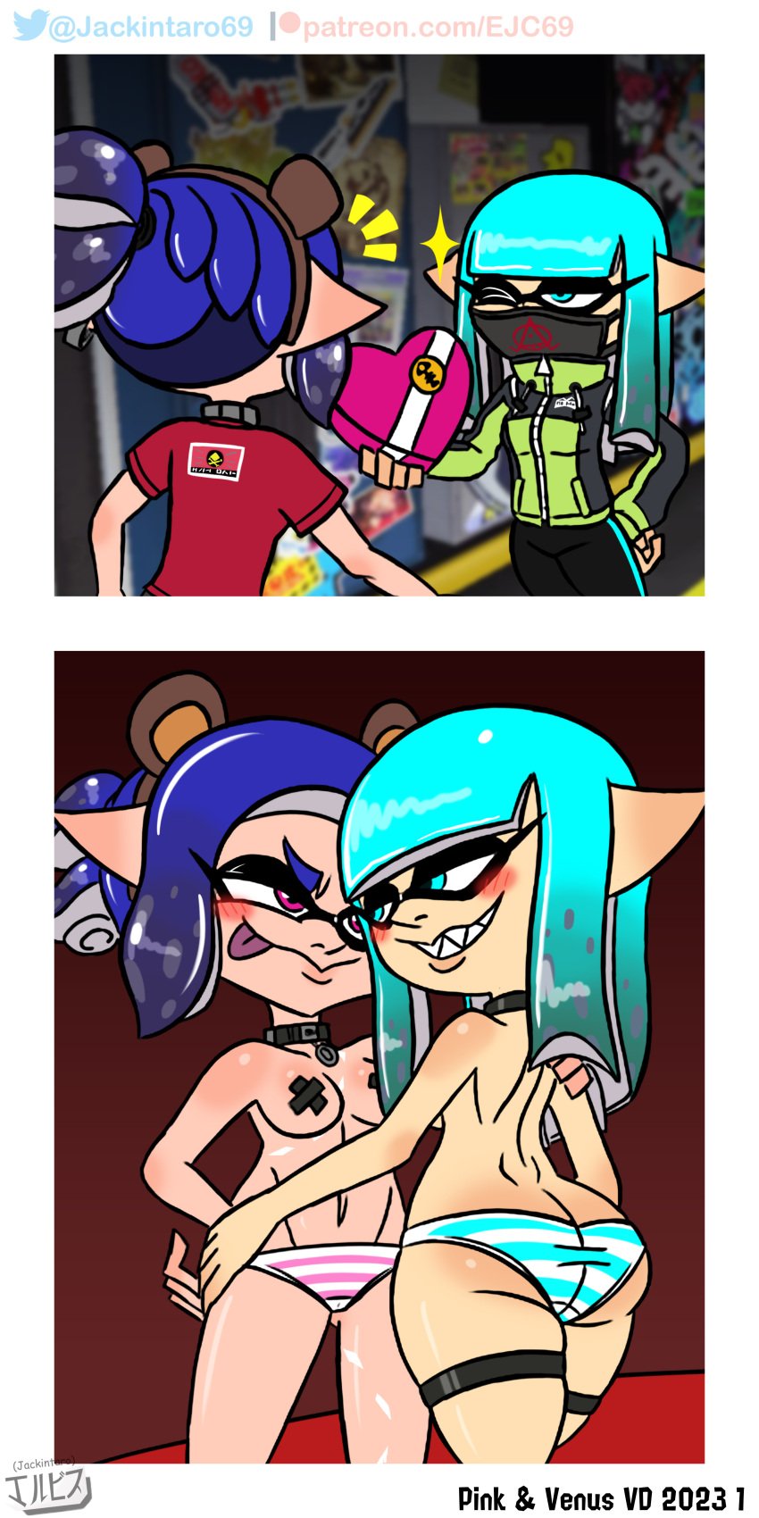 ass blue_hair blush breasts cephalopod choker digital_media_(artwork) ear_piercing fake_ears fangs green_eyes green_hair hair inkling inkling_girl jackintaro mask nintendo panties pink_eyes ponytail smile splatoon teeth tentacle_hair tongue underwear valentine's_day venus_(blazedscarf) wink