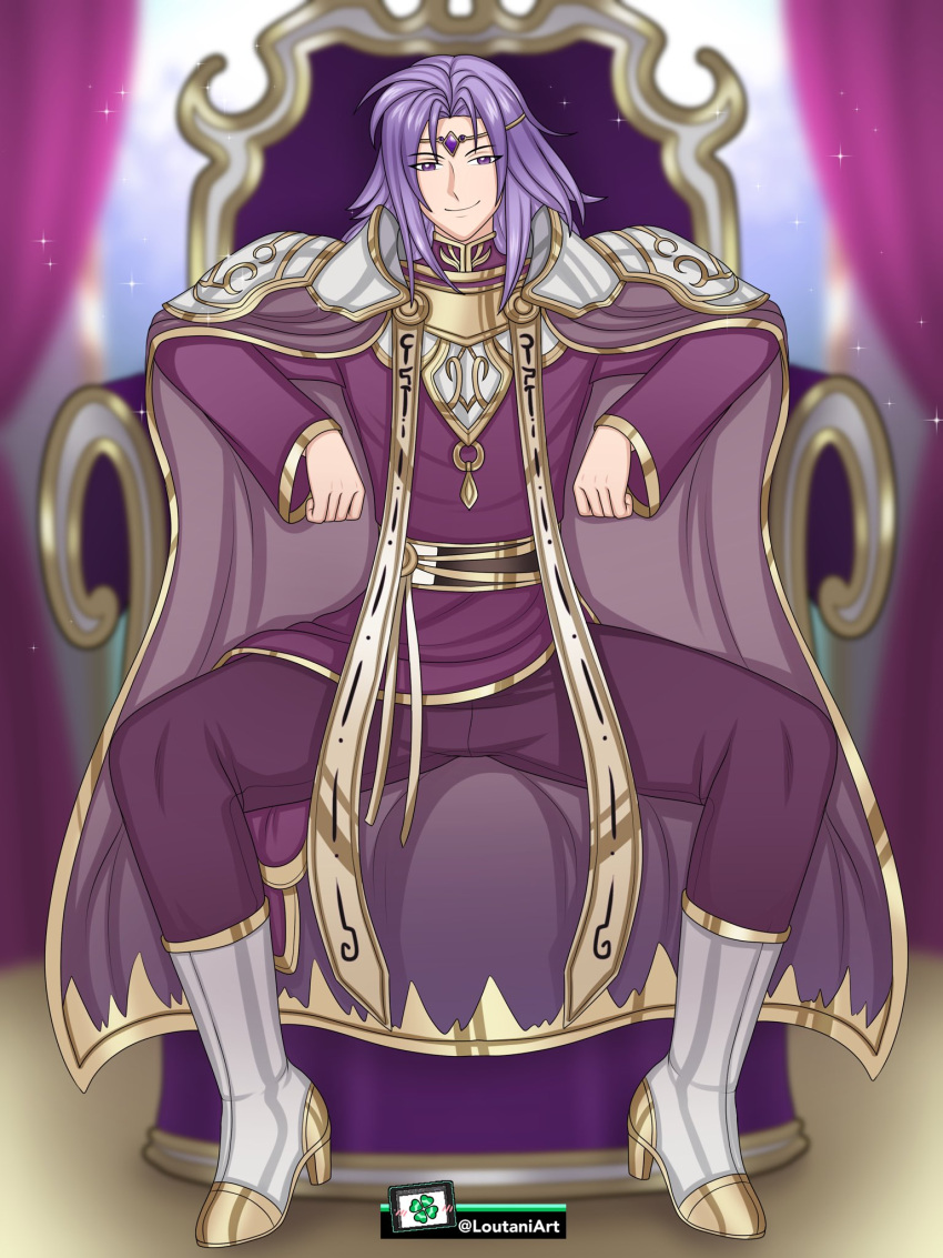 1boy boots fire_emblem fire_emblem:_the_sacred_stones high_heels looking_at_viewer loutaniart lyon_(fire_emblem) male male_only medium_hair nintendo purple_eyes purple_hair sitting smile solo throne