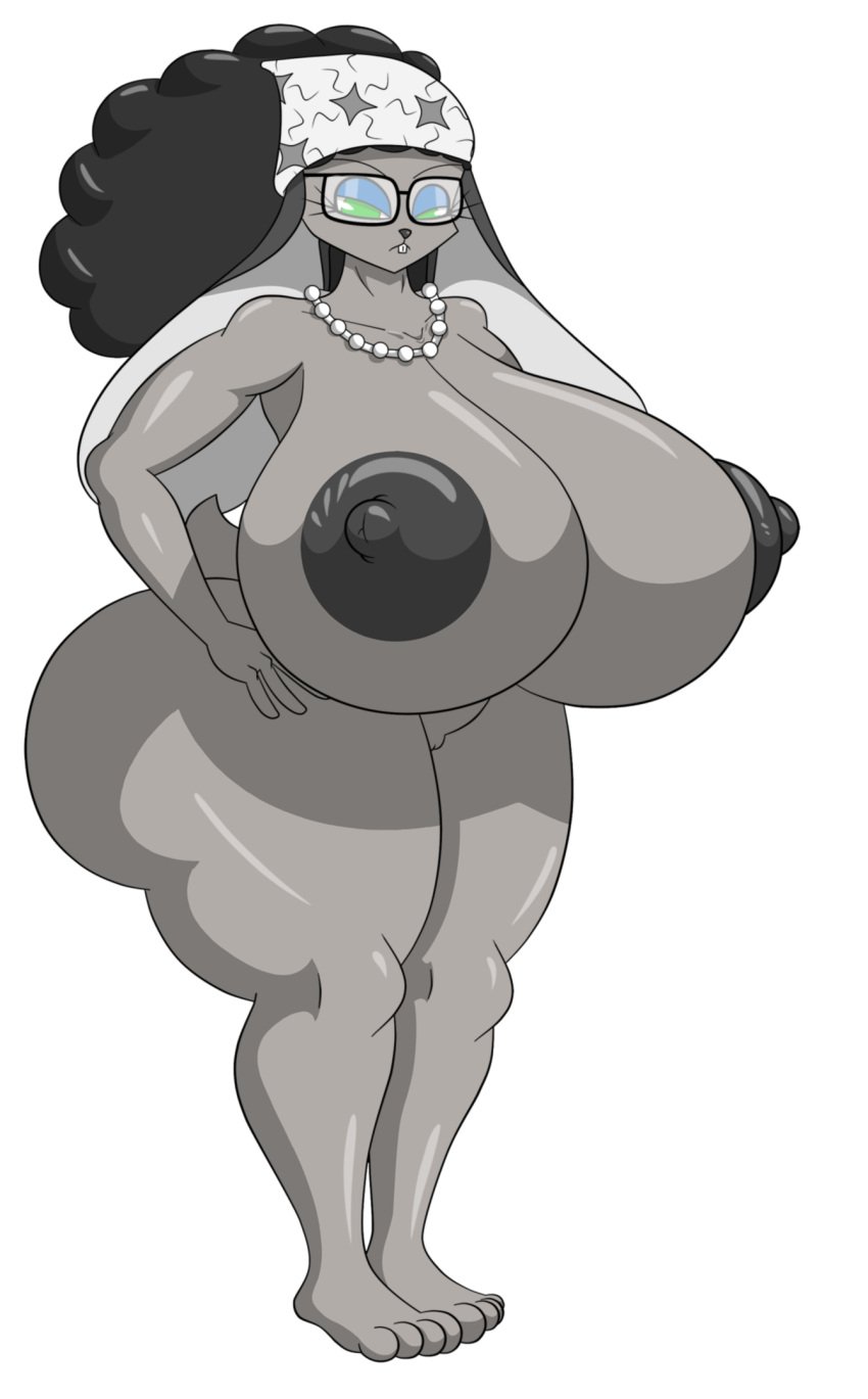 anthro areola ass big_breasts big_butt black_areola black_hair black_nipples breasts buckteeth eyewear female genitals glasses green_eyes grey_body hair half-closed_eyes hand_on_hip hi_res huge_breasts huge_butt kerchief lagomorph leporid looking_at_viewer mama_rabbit_(tmftw) mammal marshall123x_(artist) narrowed_eyes nipples nude pussy rabbit solo teeth the_man_from_the_window thick_thighs wide_hips zed_technician_games