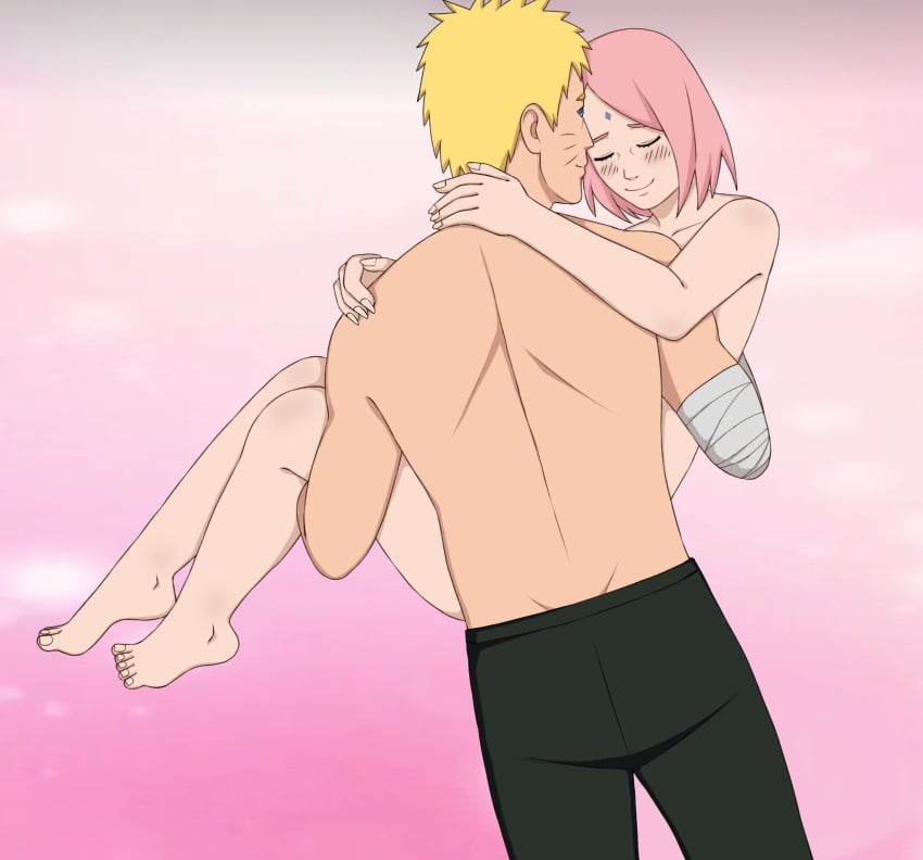 1boy 1girls ambiguous_background bandaged_arm barefoot before_sex blonde_hair blue_eyes blush boruto:_naruto_next_generations carrying carrying_partner completely_nude completely_nude_female embarrassed female happy happy_female human imminent_sex jack_.mery larger_male long_hair male male/female naruto naruto_(series) pants petite pink_hair princess_carry romantic romantic_ambiance romantic_couple sakura_haruno shirtless shirtless_(male) short_hair size_difference smaller_female smile straight uzumaki_naruto valentine's_day walking