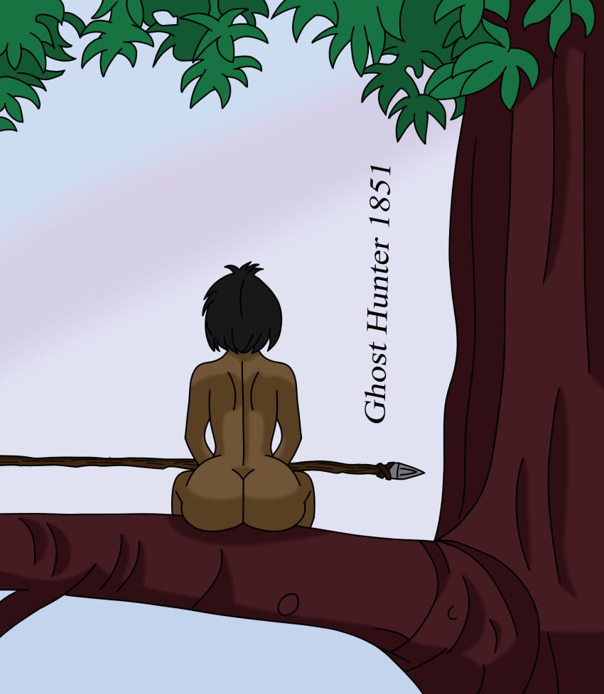 1boy androgynous ass black_hair bubble_ass bubble_butt commentary_request completely_nude curvy curvy_figure dark-skinned_femboy dark-skinned_male dark_eyes dark_skin femboy ghosthunter1851(artist) large_ass literature mowgli nude public_domain round_ass short_hair sitting the_jungle_book toony tree wide_hips young