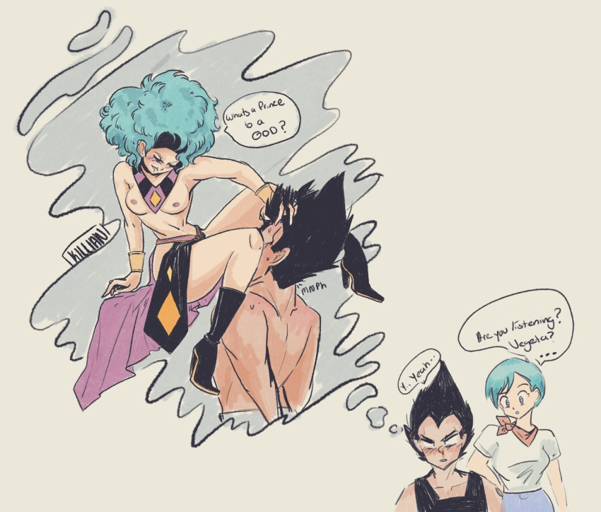 1boy 1girls 2021 afro areolae blue_eyes blue_hair blush boots breasts bulma_(afro) bulma_briefs clothing cunnilingus dialogue domination dragon_ball dragon_ball_super dream female femdom footwear god_of_destruction goddess_of_destruction implied_cunnilingus implied_oral killian male nipples oral short_hair small_breasts speech_bubble straight text thighs vegeta