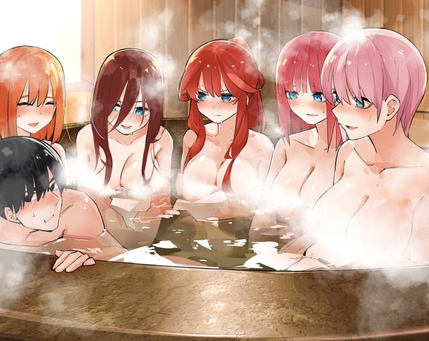 1boy 5girls dark_purple_hair go-toubun_no_hanayome hot_tub mame1645 nakano_ichika nakano_itsuki nakano_miku nakano_nino nakano_yotsuba orange_hair pink_hair red_hair uesugi_fuutarou