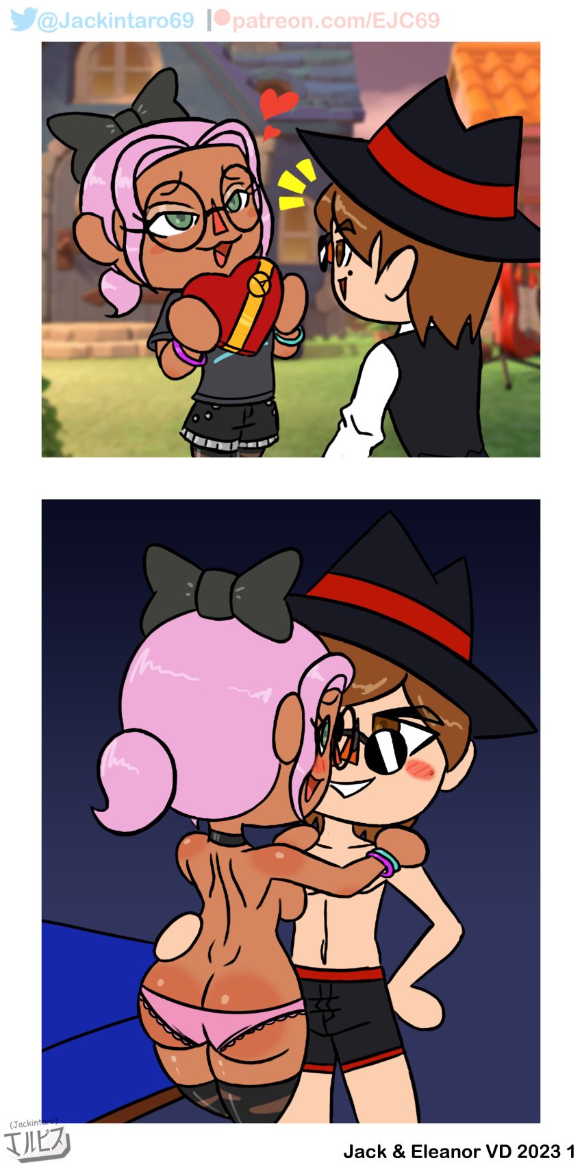 animal_crossing animal_crossing_boy animal_crossing_girl ass brown_eyes brown_hair digital_media_(artwork) glasses green_eyes hat jackintaro nintendo panties purple_hair ribbon stockings underwear valentine's_day villager_(animal_crossing)