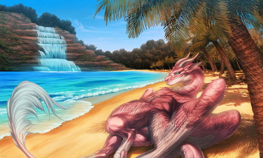 blue_eyes eyewear female feral fur fur_markings genitals glasses hi_res horn looking_at_viewer looking_back looking_back_at_viewer lying markings on_side palm_tree pink_body pink_fur plant pussy relaxing rock ryzia sand shadow solo tail tree tropical water waterfall white_body white_fur wia wings