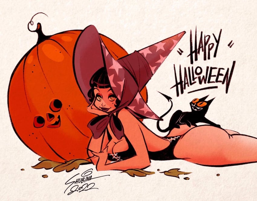 2022 artist_signature ass black_cat black_hair cleavage green_eyes halloween happy_halloween leotard looking_at_viewer lying_on_stomach mole_under_eye pumpkin sveta_shubina unknown_character witch witch_hat