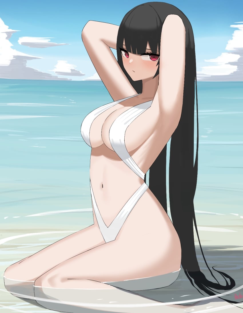 1girls ai_generated armpits beach black_hair female punishing:_gray_raven red_eyes robot_girl selena_(punishing:_gray_raven) sitting skimpy solo swimsuit water