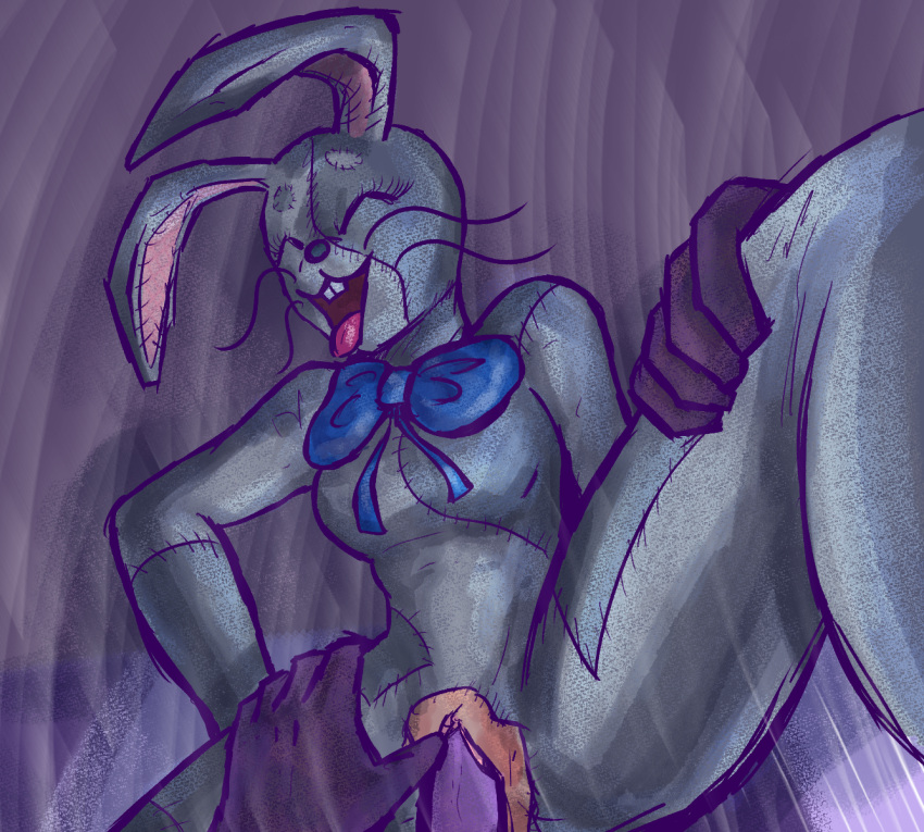 anthro anthro_on_anthro bonnie_(fnaf) bow bunny bunny_girl closed_eyes female five_nights_at_freddy's five_nights_at_freddy's:_security_breach furry grabbing_legs hand_on_thigh just_a_lil_guy looking_pleasured male male/female male_pov motion_blur motion_lines open_mouth penetration penis purple_body purple_fur rabbit rabbit_humanoid two_tone_fur vaginal_penetration vanny vanny_(fnaf)