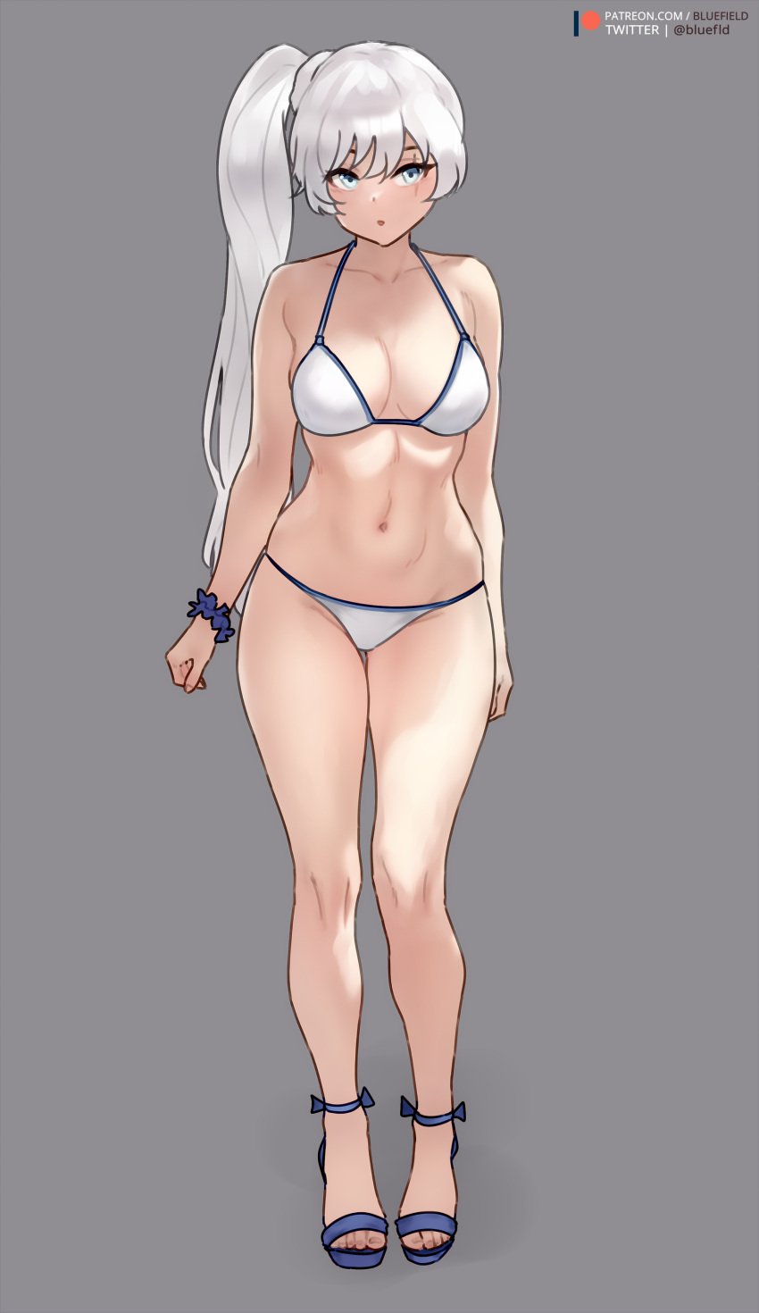 1girls bikini blue_eyes bluefield breasts female high_heels long_hair looking_at_viewer medium_breasts rooster_teeth rwby side_ponytail simple_background slim_body solo weiss_schnee white_hair