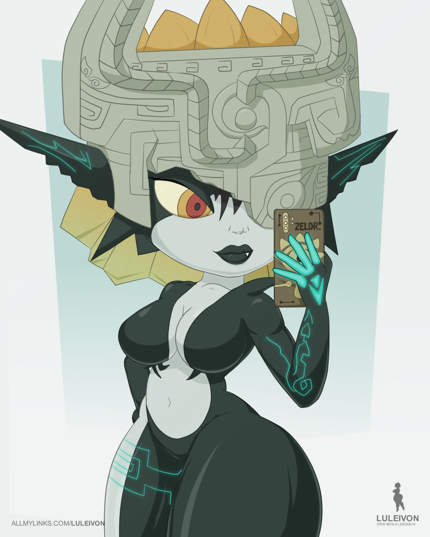 1girls bedroom_eyes big_ass big_breasts breath_of_the_wild button_nose fangs female female_focus female_only fist_on_own_hip glowing glowing_markings glowing_tattoo hand_on_hip helmet imp luleivon midna nintendo oerba_yun_fang one_fang phone seductive_eyes selfie selfie_pose sheikah sheikah_slate shortstack smartphone the_legend_of_zelda thick_ass thick_lips thick_thighs twilight_princess wide_hips