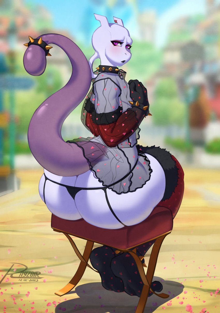 1boy 2023 absurd_res anthro ass big_ass big_butt blush butt clothing fan_character femboy girly goth hi_res lingerie looking_back makeup male mammal mewtwo nintendo pokemon rayzoir tagme