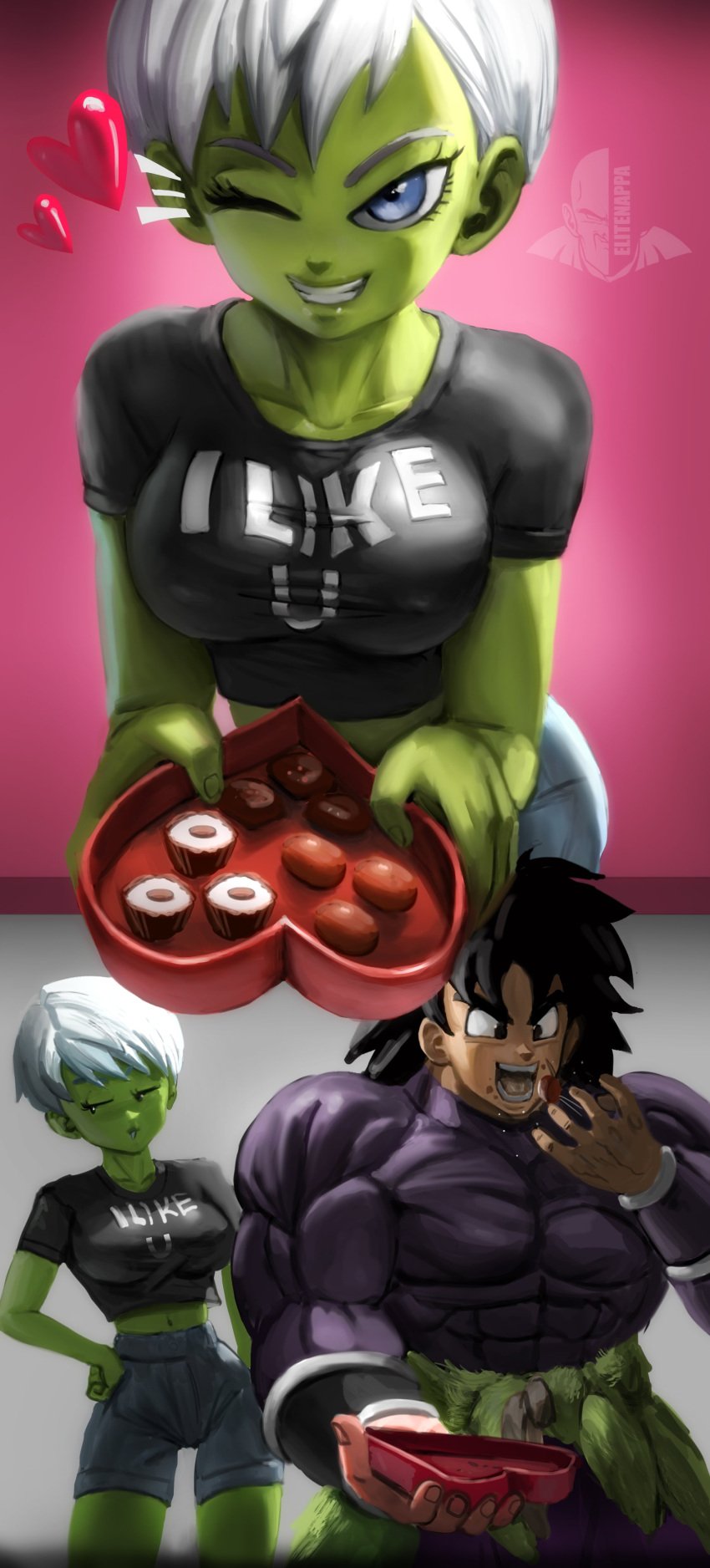 1boy 1girls 2d abs alien alien_girl biceps big_breasts black_hair blue_eyes breasts broly broly_(dragon_ball_super) busty cheelai chocolate cleavage clothing dragon_ball dragon_ball_super eating elitenappa female green-skinned_female green_skin huge_breasts male muscular muscular_male nipple_bulge no_bra oblivious safe saiyan shirt shorts smile text text_on_clothing text_on_shirt thick_thighs valentine's_day voluptuous white_hair wide_hips wink winking_at_viewer