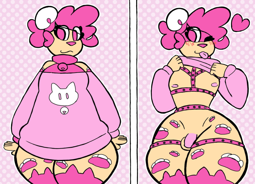 anthro balls blush cat_print clothed clothing clothing_lift collar_bell cremacat felid femboy footprint fur genitals girly hair heart hi_res jaguar looking_at_viewer male mammal meme meme_clothing nipples one_eye_closed pantherine pawprint penis pink_eyes pink_hair shoulderless_sweater simple_background solo standing straps_across_chest sweater tongue tongue_out topwear undressing wink winking_at_viewer yellow_body yellow_fur